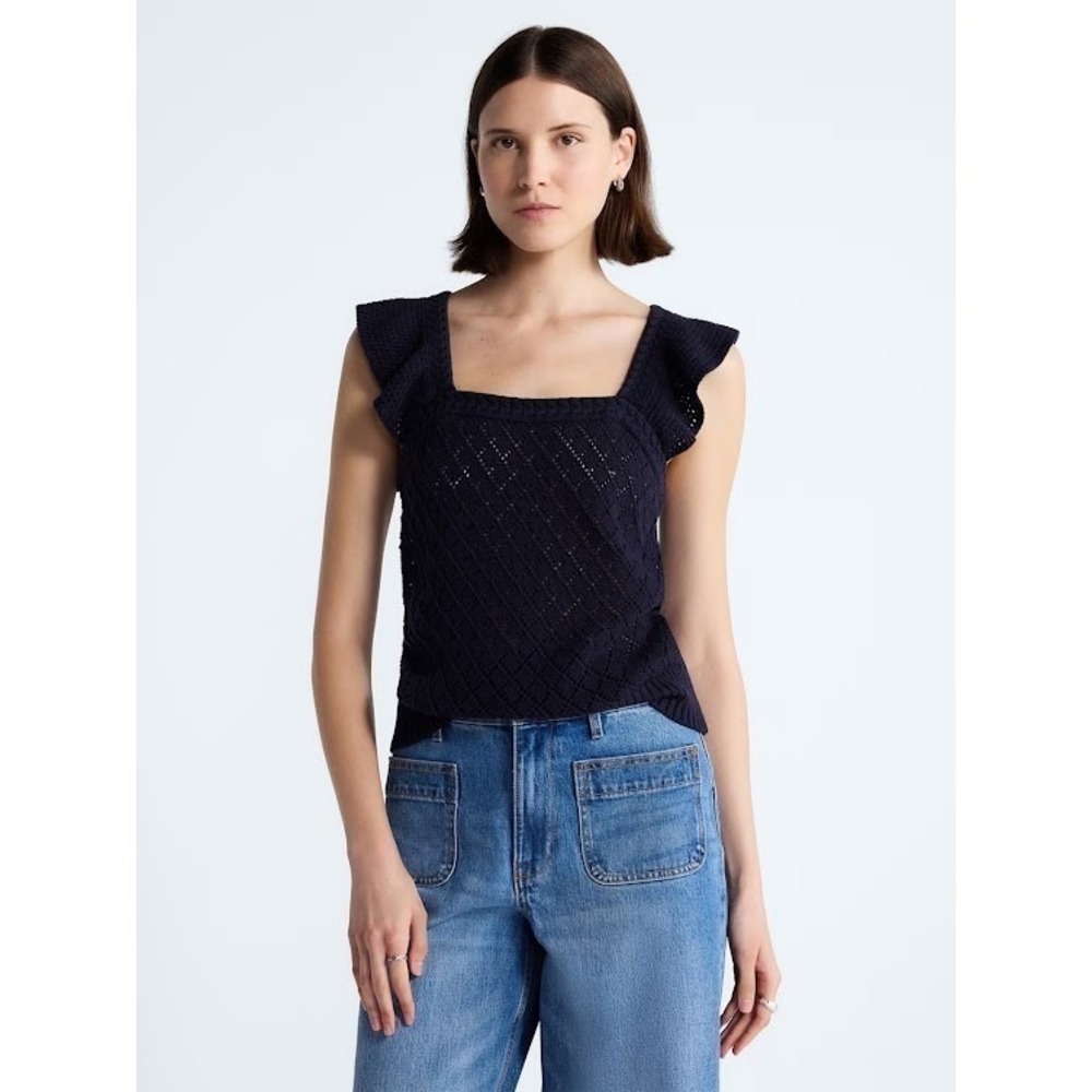 Free Assembly Navy Square Neck Mixed Stitch Cotton Sweater Tank Ruffle Medium